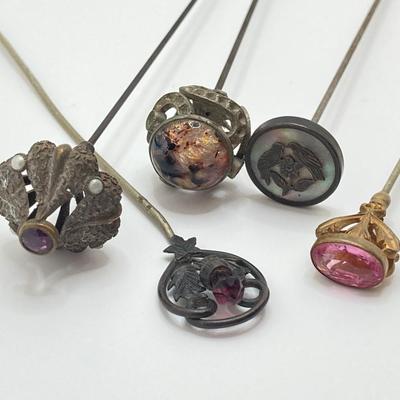 LOT 70: Collection of Vintage Hat Pins and Etched Crystal Vase