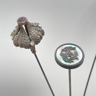 LOT 70: Collection of Vintage Hat Pins and Etched Crystal Vase