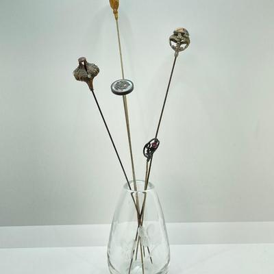 LOT 70: Collection of Vintage Hat Pins and Etched Crystal Vase