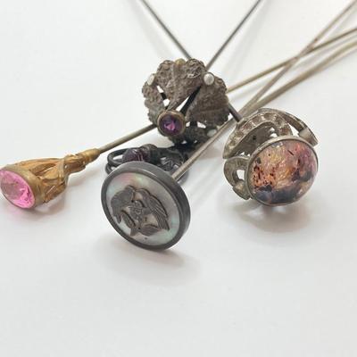 LOT 70: Collection of Vintage Hat Pins and Etched Crystal Vase