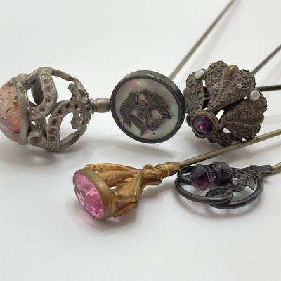 LOT 70: Collection of Vintage Hat Pins and Etched Crystal Vase