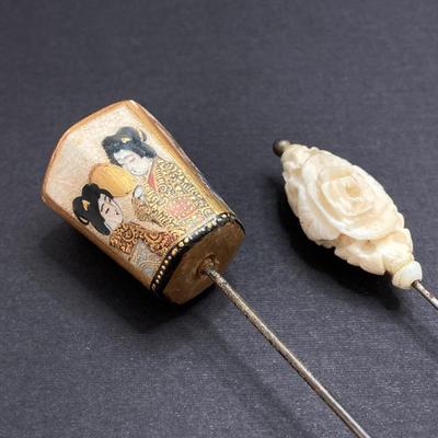 LOT 71: Vintage Hat Pins - Black Lacquer, Asian Style and More