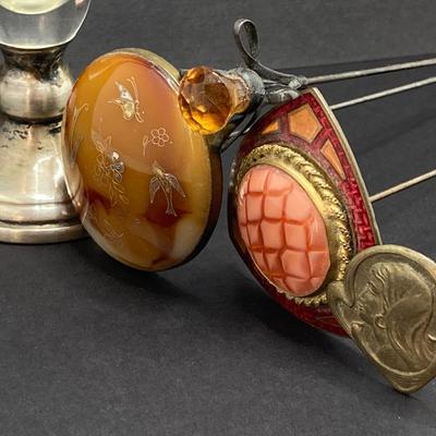 LOT 72: Collection of Beautiful Vintage Hat Pins along with a Sterling & Crystal Bud Vase