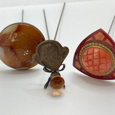 LOT 72: Collection of Beautiful Vintage Hat Pins along with a Sterling & Crystal Bud Vase