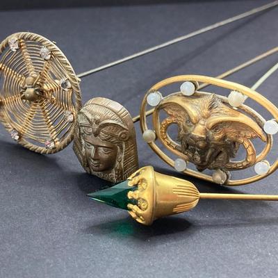 LOT 73: Collection of Unique Vintage Bejeweled Hat Pins with Sterling/Crystal Bud Vase