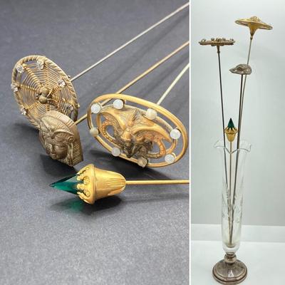 LOT 73: Collection of Unique Vintage Bejeweled Hat Pins with Sterling/Crystal Bud Vase