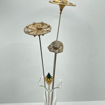LOT 73: Collection of Unique Vintage Bejeweled Hat Pins with Sterling/Crystal Bud Vase
