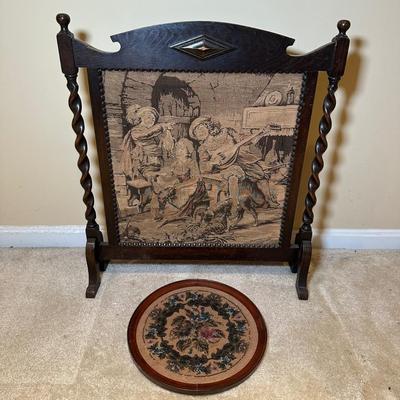 LOT 109: Barley Twist Oak Framed Tapestry Fire Screen w/ Framed Floral Beadwork Tapestry