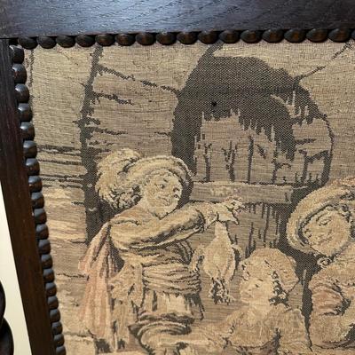 LOT 109: Barley Twist Oak Framed Tapestry Fire Screen w/ Framed Floral Beadwork Tapestry