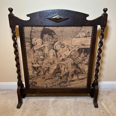 LOT 109: Barley Twist Oak Framed Tapestry Fire Screen w/ Framed Floral Beadwork Tapestry