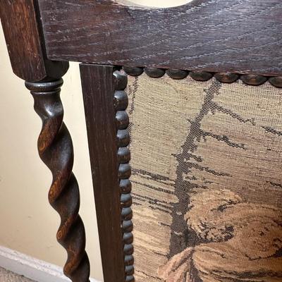 LOT 109: Barley Twist Oak Framed Tapestry Fire Screen w/ Framed Floral Beadwork Tapestry