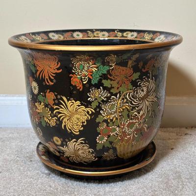 LOT 114: Vintage Asian Planters w/ Wrought Iron Plant Stand