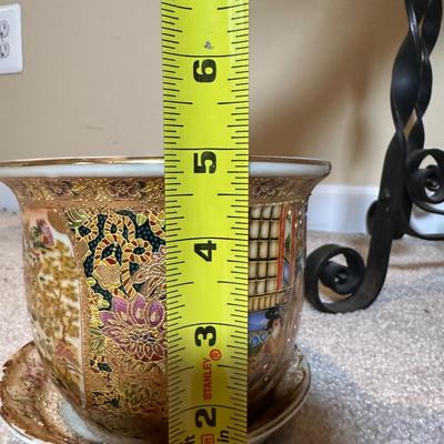 LOT 114: Vintage Asian Planters w/ Wrought Iron Plant Stand