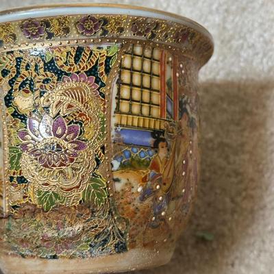 LOT 114: Vintage Asian Planters w/ Wrought Iron Plant Stand