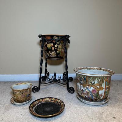 LOT 114: Vintage Asian Planters w/ Wrought Iron Plant Stand