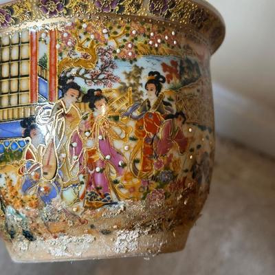 LOT 114: Vintage Asian Planters w/ Wrought Iron Plant Stand