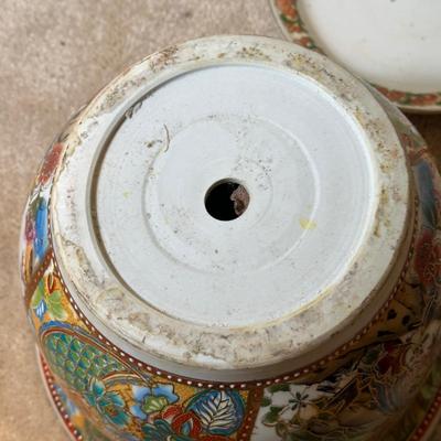 LOT 114: Vintage Asian Planters w/ Wrought Iron Plant Stand