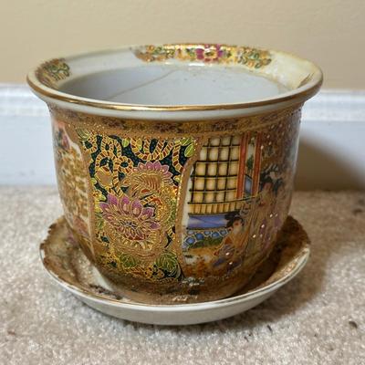 LOT 114: Vintage Asian Planters w/ Wrought Iron Plant Stand