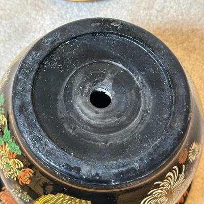 LOT 114: Vintage Asian Planters w/ Wrought Iron Plant Stand