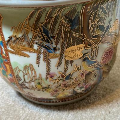 LOT 114: Vintage Asian Planters w/ Wrought Iron Plant Stand