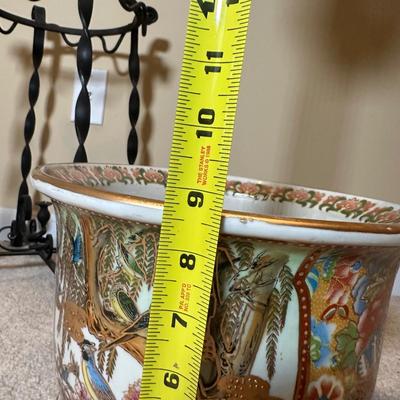 LOT 114: Vintage Asian Planters w/ Wrought Iron Plant Stand