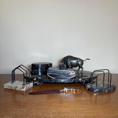 LOT 115: Vintage Art Deco Marble Desk Set w/ 22k Gold Plated Letter Opener & More