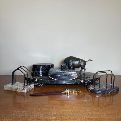 LOT 115: Vintage Art Deco Marble Desk Set w/ 22k Gold Plated Letter Opener & More