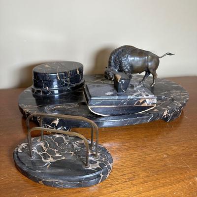 LOT 115: Vintage Art Deco Marble Desk Set w/ 22k Gold Plated Letter Opener & More