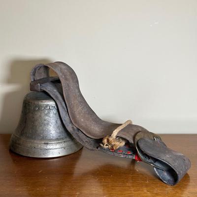 LOT 117: Vintage European Brass Cowbell w/ Leather Strap