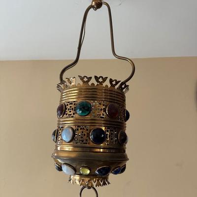 LOT 119: Beautiful Pierced Brass Jeweled Light Fixture