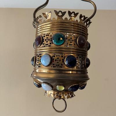 LOT 119: Beautiful Pierced Brass Jeweled Light Fixture