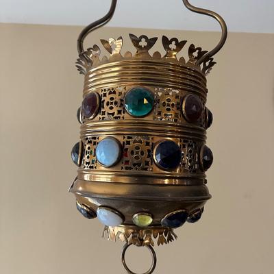 LOT 119: Beautiful Pierced Brass Jeweled Light Fixture