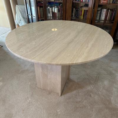 LOT 126: Vintage Round Marble Travertine Table w/ 5 Rolling Arm Chairs