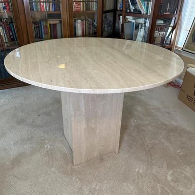 LOT 126: Vintage Round Marble Travertine Table w/ 5 Rolling Arm Chairs
