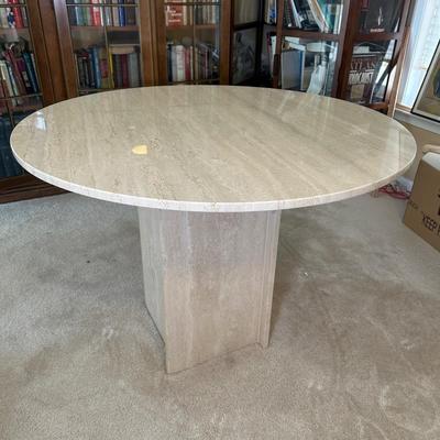 LOT 126: Vintage Round Marble Travertine Table w/ 5 Rolling Arm Chairs