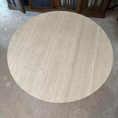 LOT 126: Vintage Round Marble Travertine Table w/ 5 Rolling Arm Chairs