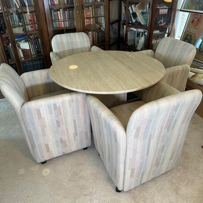 LOT 126: Vintage Round Marble Travertine Table w/ 5 Rolling Arm Chairs