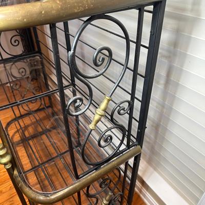 LOT 133: Vintage Wrought Iron & Brass Brass Bakers Rack