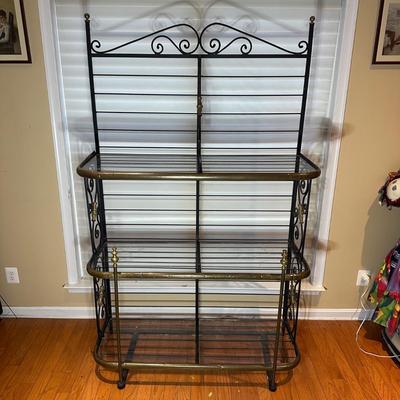 LOT 133: Vintage Wrought Iron & Brass Brass Bakers Rack