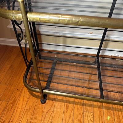 LOT 133: Vintage Wrought Iron & Brass Brass Bakers Rack