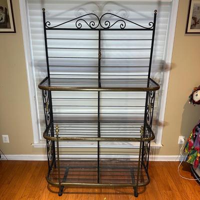 LOT 133: Vintage Wrought Iron & Brass Brass Bakers Rack