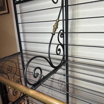 LOT 133: Vintage Wrought Iron & Brass Brass Bakers Rack