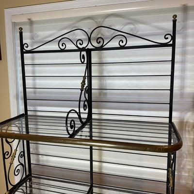 LOT 133: Vintage Wrought Iron & Brass Brass Bakers Rack