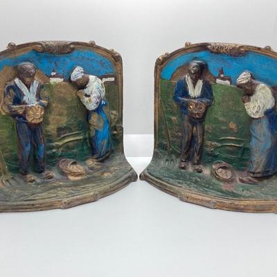 LOT 167: Vintage / Antique Cast Metal Angelus Farmers Praying Couple Bookends