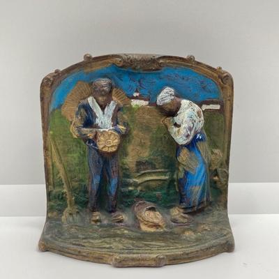 LOT 167: Vintage / Antique Cast Metal Angelus Farmers Praying Couple Bookends