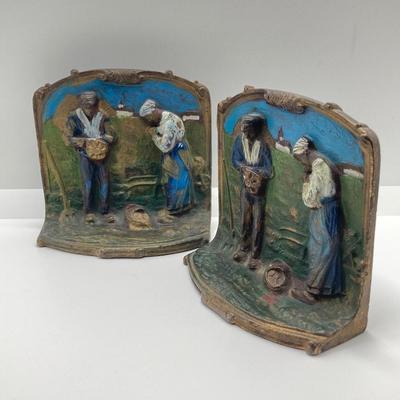 LOT 167: Vintage / Antique Cast Metal Angelus Farmers Praying Couple Bookends
