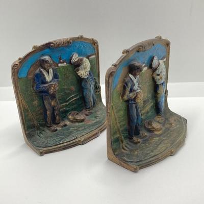 LOT 167: Vintage / Antique Cast Metal Angelus Farmers Praying Couple Bookends