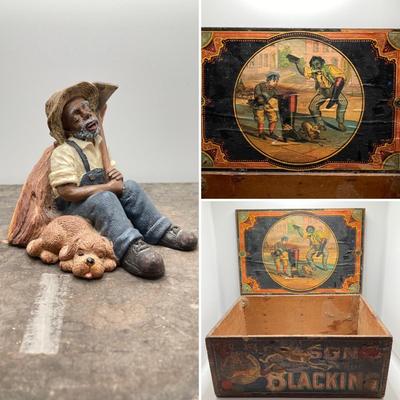 LOT 168: Black Americana Antique / Vintage Shoe Shine Box and Vantage Point Black American Worker Figurine
