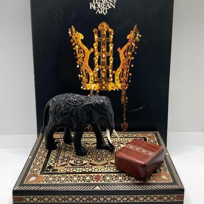 LOT 169: Vintage Asian Collection - "The Japanese Ferry" by Paul M. Lenoir, PINX Artwork, Carved Elephant Figurine, Inlay Wood...