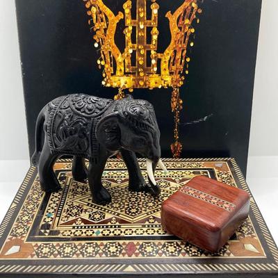 LOT 169: Vintage Asian Collection - "The Japanese Ferry" by Paul M. Lenoir, PINX Artwork, Carved Elephant Figurine, Inlay Wood...